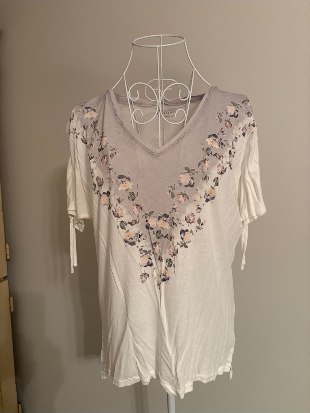 AllSaints White Tee with Light Purple Floral V-Neck